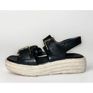 Nordstrom Women's 7.5 Black Leather Slingback Espadrille Platform Sandals Chunky